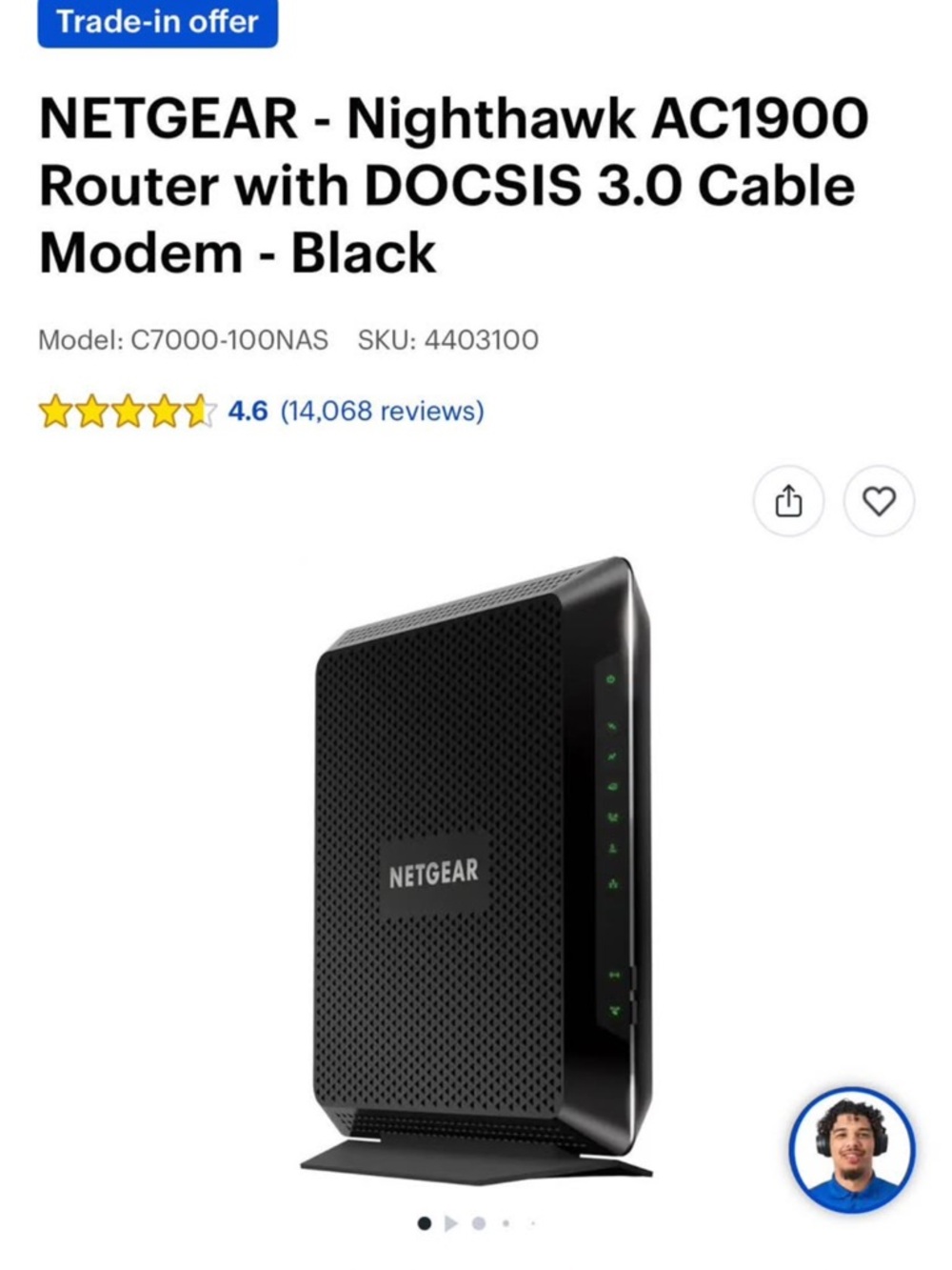 NETGEAR Nighthawk AC1900 Cable Modem Router - Black with Green LEDs
